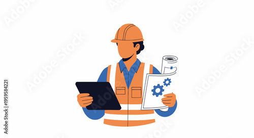 Engineer or construction worker in orange safety gear holding tablet and blueprints with gear icons