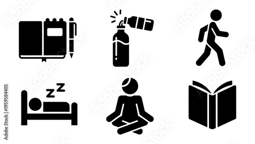 Healthy lifestyle and daily routine icon set featuring meditation reading sleeping walking and hydration for wellness concept