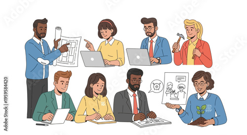 Diverse team working together on project with laptops and plans