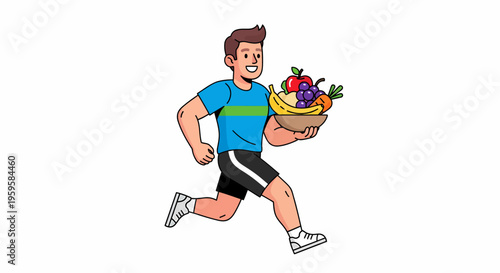 Active man running with a healthy basket of fresh fruits