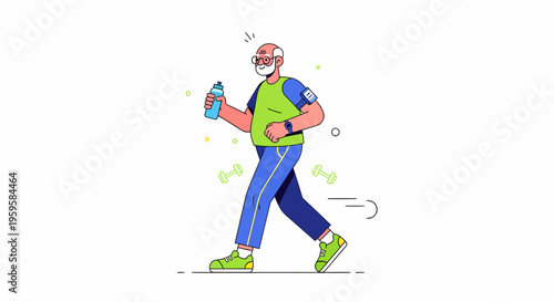 Active senior man jogging outdoors with water bottle and fitness tracker, embracing a healthy lifestyle.