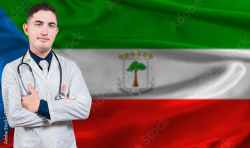 Portrait of medical professional on Equatorial Guinea flag background.Equatorial Guinean national health system