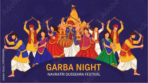 Women dance energetically around temple during Garba Night Festival celebration