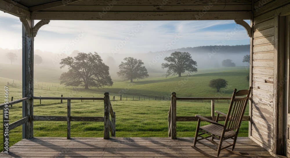Fototapeta premium Wooden porch with rocking chair overlooking green field with trees and fog