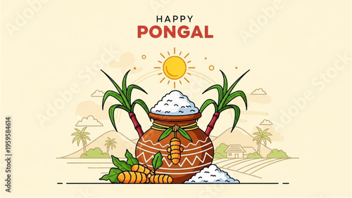 People celebrate Pongal with traditional pot and sugar cane outdoors