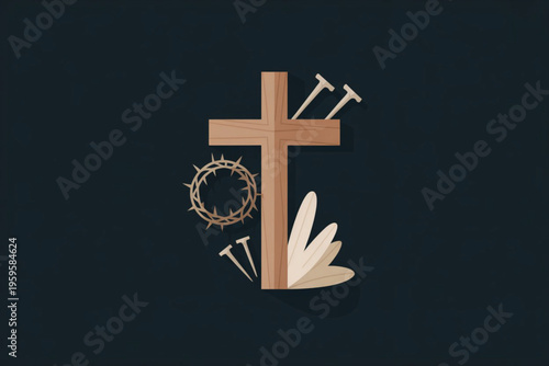 Good Friday Religious Concept with Cross, Crown of Thorns and Nails on Dark Background