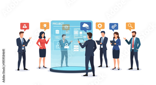 Business people discussing project on large screen display