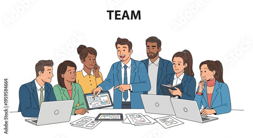 Diverse team collaborating on project with laptops and graphs