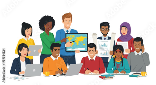 Diverse group of people working together in office setting with laptops and papers