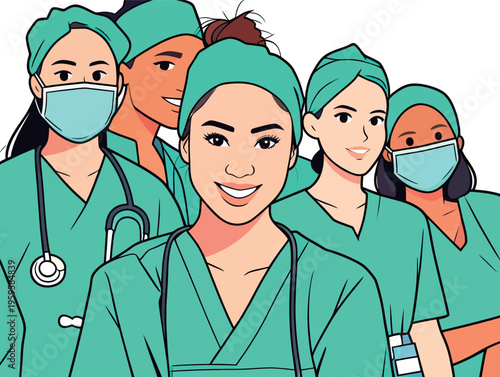 Healthcare professionals smile and pose for a group picture in scrubs during a busy day at the hospital or clinic in a modern setting