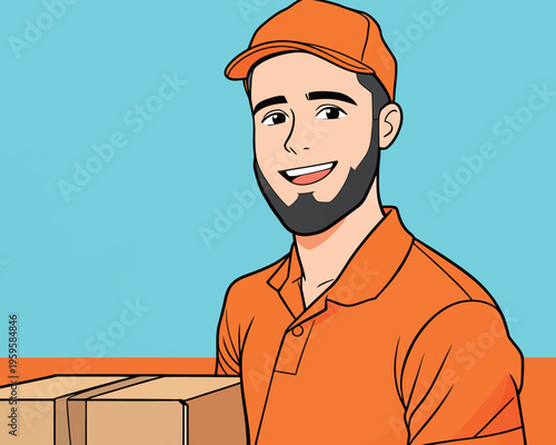 Delivery worker smiles while holding packages in orange uniform against blue background during daytime