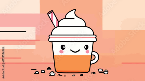 Cute cartoon drink with a straw and whipped cream, set against a simple background with warm colors and playful design