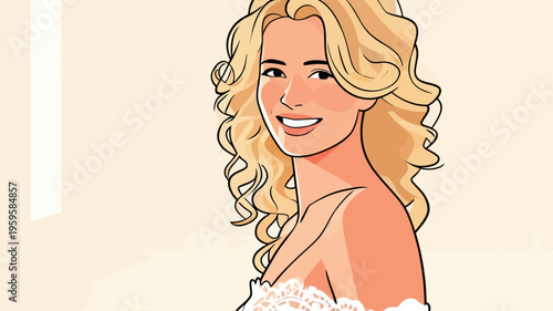 Bride smiling in a wedding dress with soft lighting in a simple setting showing joy and excitement for the special day
