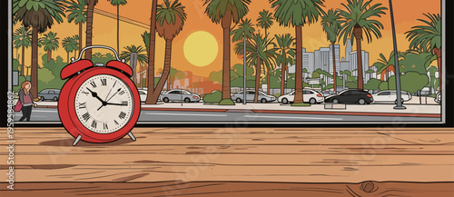 Sunset view from a window with a red clock and palm trees on a busy street in the evening