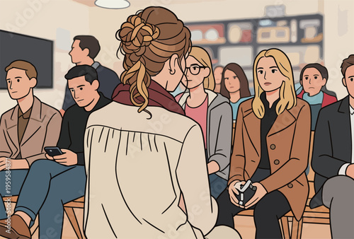 People wait in a room for an event in a modern setting with chairs and various individuals engaged in different activities