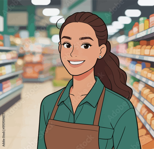 Employee smiles and helps customers in grocery store aisle with various products and fresh bread on shelves