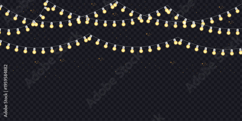 Festive lights glowing. Festive string of light bulbs decoration for holiday season. Bright golden garlands on dark transparent background. Realistic vector illustration.