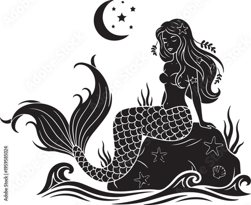 Mermaid silhouette sitting on rock under crescent moon, Generative Ai