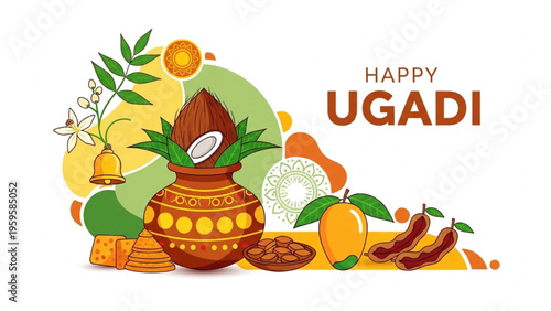 Celebratory Ugadi festival scene with traditional pot and fruits outdoors