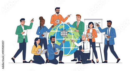 Diverse business team presenting global strategy with digital devices