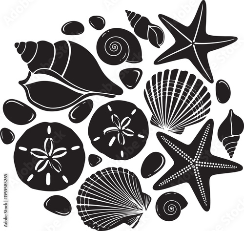 Silhouette of assorted seashells and starfish on white background, Generative Ai