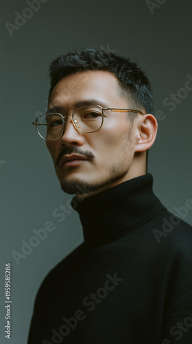Stylish Young Asian Man Wearing Amber Glasses and Black Turtleneck in Studio
