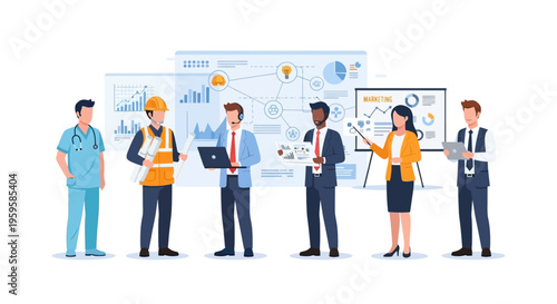 Business people in various professions with graphs and charts