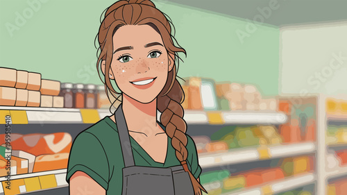Smiling woman in grocery store wearing apron and standing near shelves of food items in daytime
