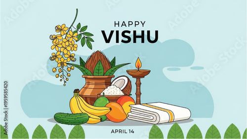 Vishu celebration with traditional items on table indoors