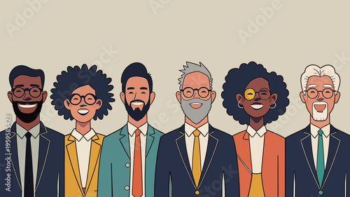 Group of seven people in business attire standing together and smiling in a light-colored setting during daytime