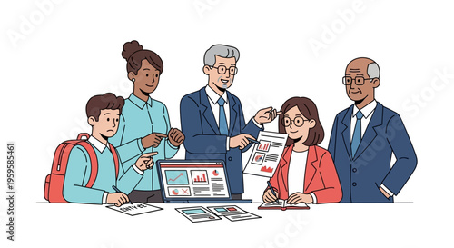 Diverse group of business professionals collaborating on project with laptop and documents