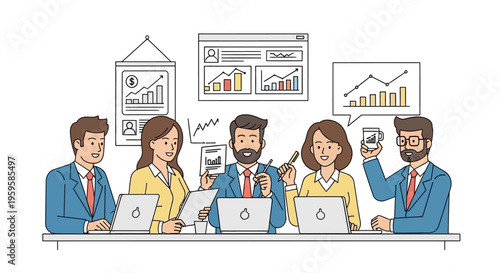 Business team analyzing data and statistics on laptops and papers