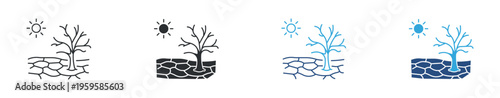 Climate change and drought icon set. Dry land, dead tree, global warming and environmental crisis concept. Vector illustration.