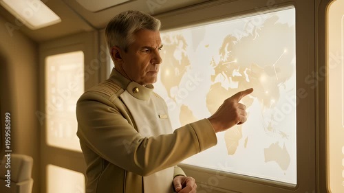Serious Commander in Futuristic Uniform Analyzing Global Map Display in High-Tech Control Room
