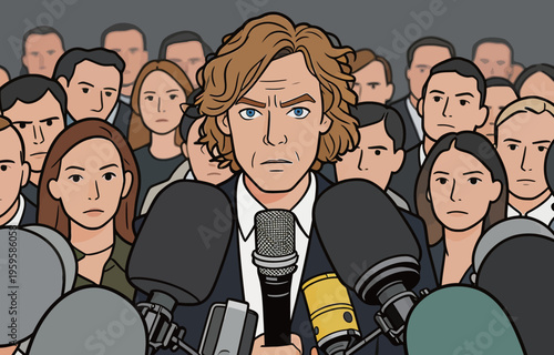 Crowd gathers as man stands at podium with microphones during a press event in an urban setting