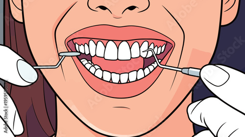 Dental checkup with tools in use at a clinic by a dentist or dental hygienist during regular appointment
