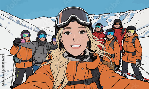 Group of friends enjoying skiing on a snowy mountain with blue sky in the background during winter season