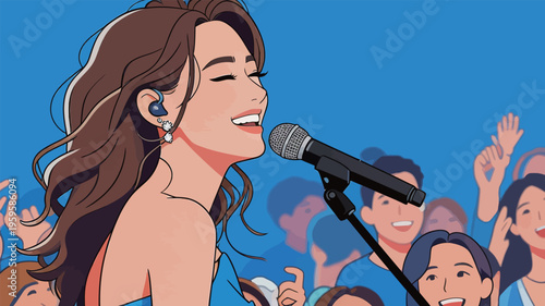 Singer performs on stage in front of cheering crowd during a music concert in a vibrant setting with blue background