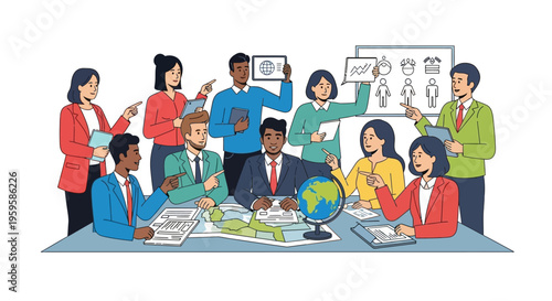 Diverse group of business professionals collaborating around a table with globe and documents