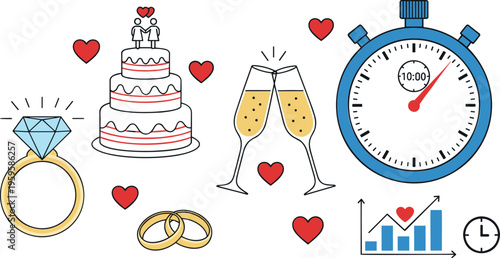 Wedding celebration elements with diamond ring, wedding cake, champagne, and stopwatch for timing.