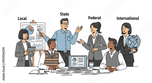 Business people discussing policy levels local state federal international