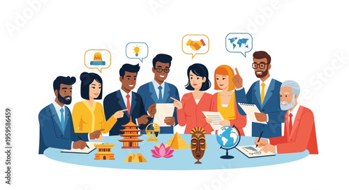 Diverse business team discussing global strategy with cultural symbols