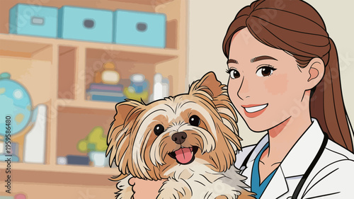 Veterinarian holds a small dog in a clinic while smiling during a check-up session in a bright room