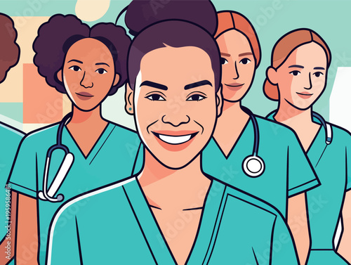 Group of healthcare workers in scrubs smiling and standing together during a training session in a hospital setting