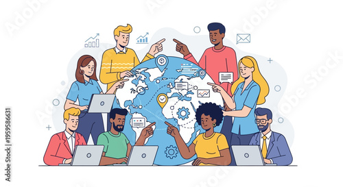 Diverse group of people working together on laptops around a world map