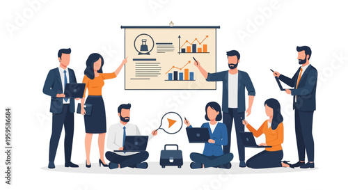 Business team working together on project presentation with laptops and graphs