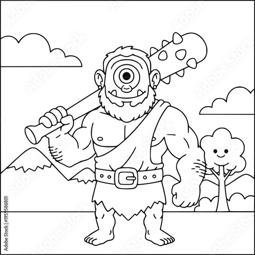 Mythology bearded cyclops with a spiked club in a volcanic mountain scene