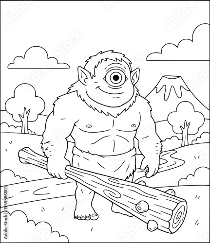 Mythology hairy cyclops holding a wooden club in a volcanic landscape scene