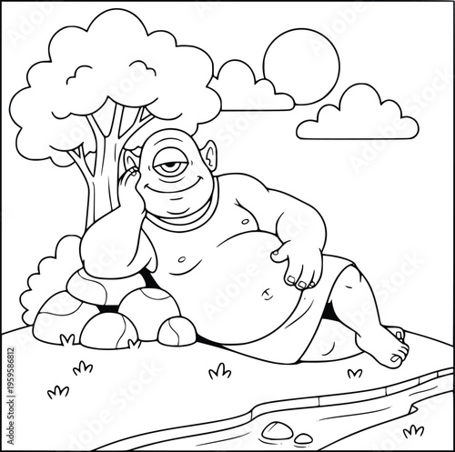 Mythology cyclops with a wooden club standing among giant spotted mushrooms