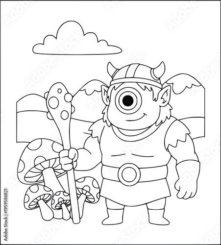  Mythology Viking cyclops holding a spiked club in a fantasy mountain park